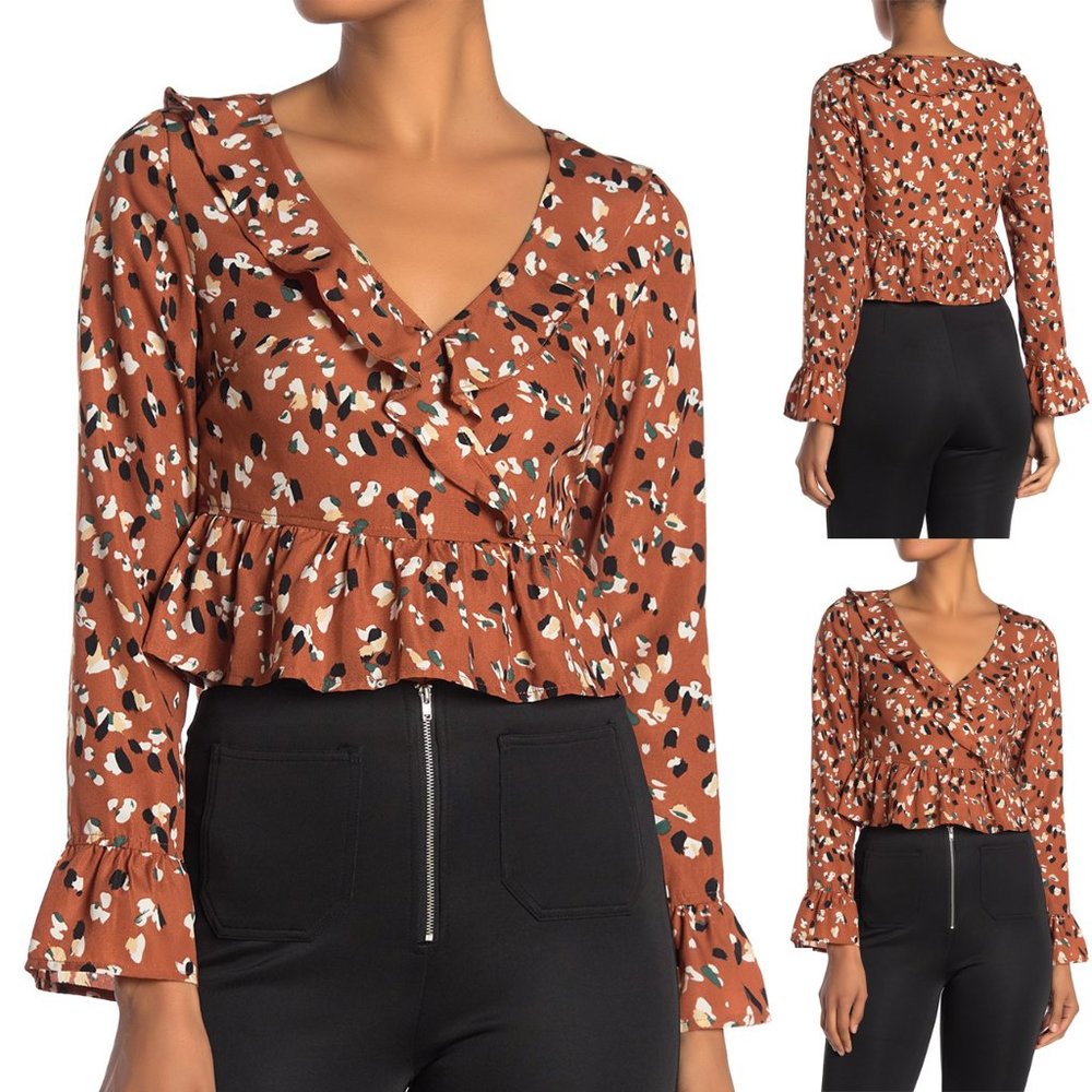 Camel Long Sleeve Ruffled V Neck Crop Blouse Top